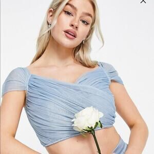 Anaya With Love Petite off-the-shoulder crop top in soft blue - UK 4